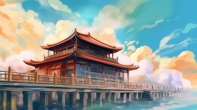 蓝色手绘国潮风中式建筑水中楼阁背景,插画/手绘图,插画/手绘图库,插画/手绘图下载,插画/手绘